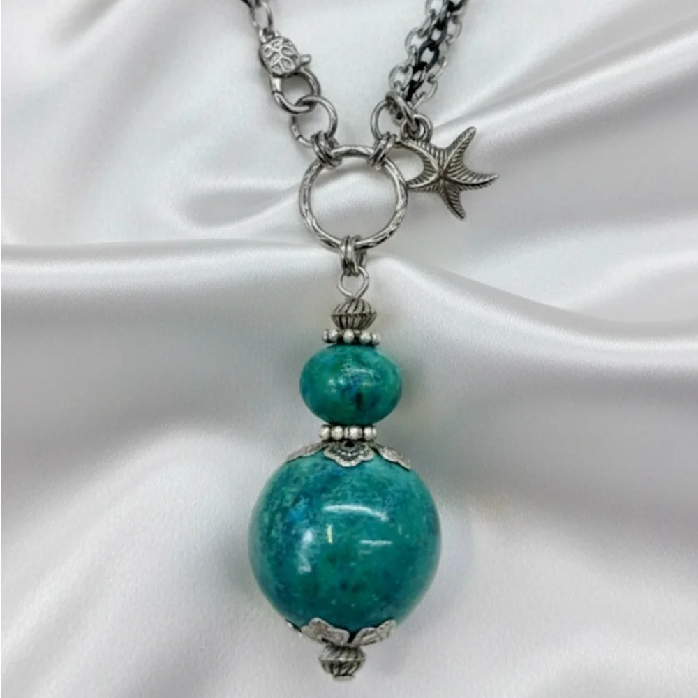 Chrysocolla Turquoise Blue Silver Tone Necklace with Larg Intricate Pendant - Picture 1 of 16